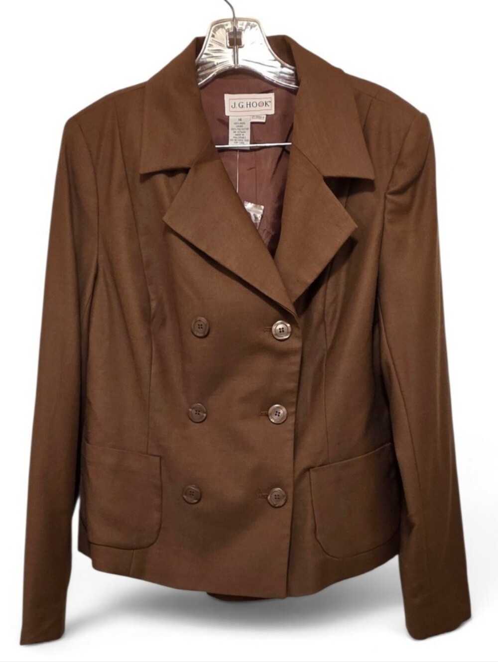 New Vintage 90s J.G. Hook Brown 100% Wool Cropped Lined Pea Coat Size 14